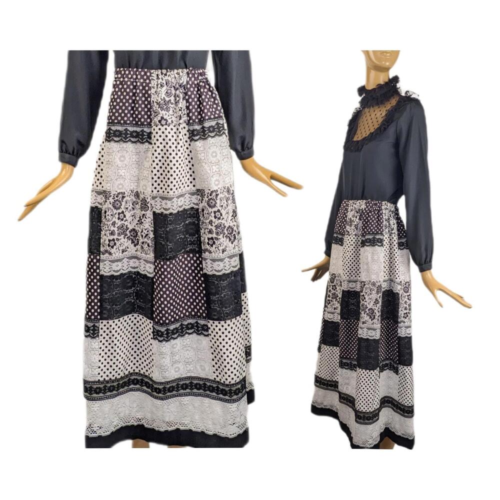 Polka dot 70s quilted patchwork cotton‎ lace maxi skirt Vintage prairie Large